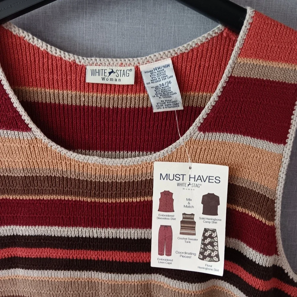 VTG‎ White Stag Crochet Sweater Vest 14W 16W NWT 90s Boho Striped Cottagecore